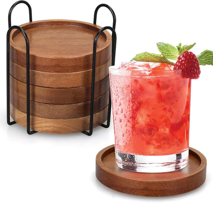 Premium Wooden Drink Coasters Set with Metal Holder