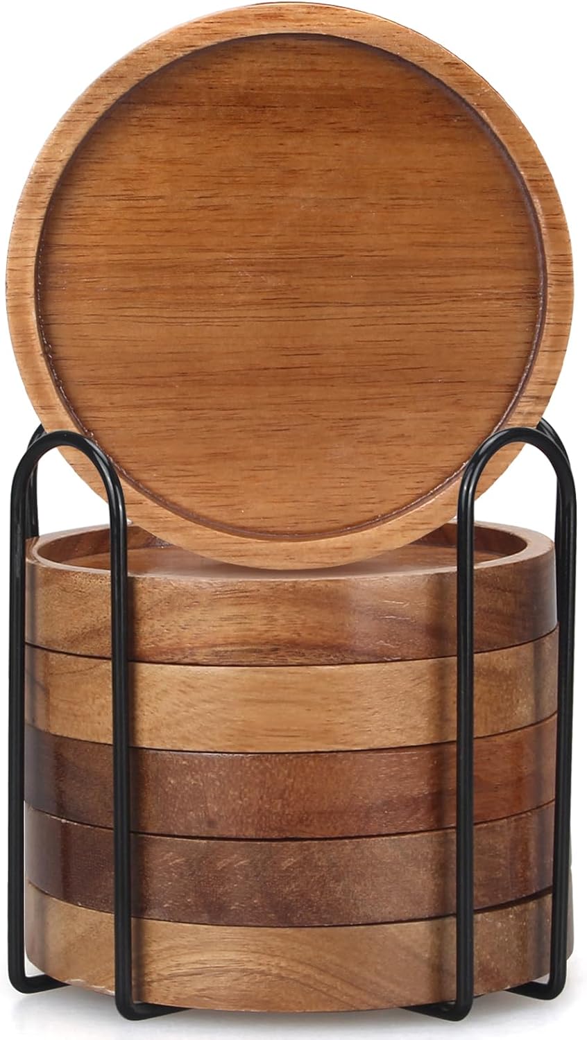 Premium Wooden Drink Coasters Set with Metal Holder