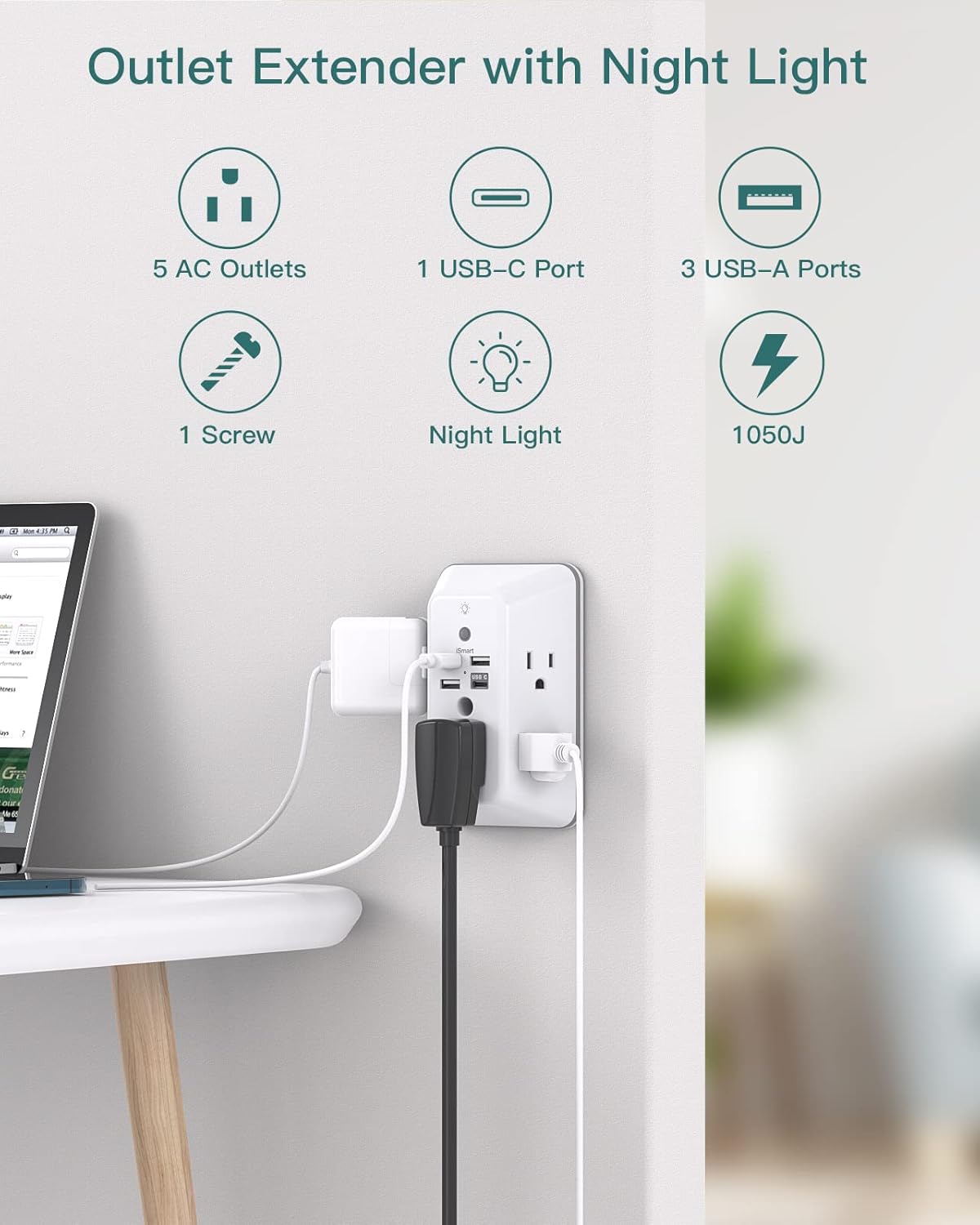 Wall Outlet Extender with USB-C & Night Light