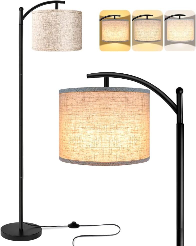 Modern Arched Floor Lamp with Linen Drum Shade